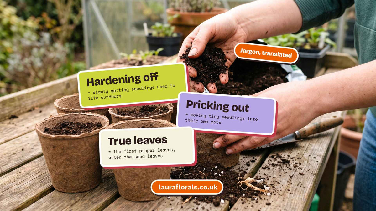 Hands filling fibre pots with compost, with sticker labels explaining hardening off, pricking out and true leaves.