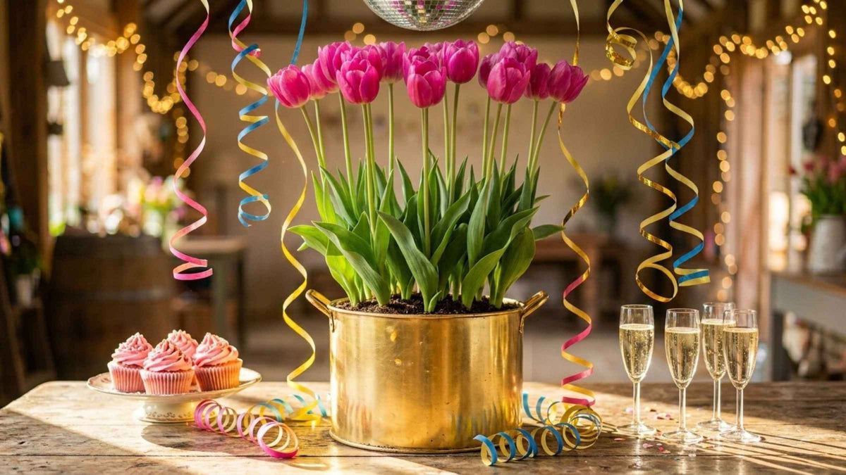A potful of tall magenta tulips in a shiny gold planter sits on a weathered wooden table, with pink cupcakes, glasses of fizz, curly streamers, fairy lights and a disco ball in a cosy barn.