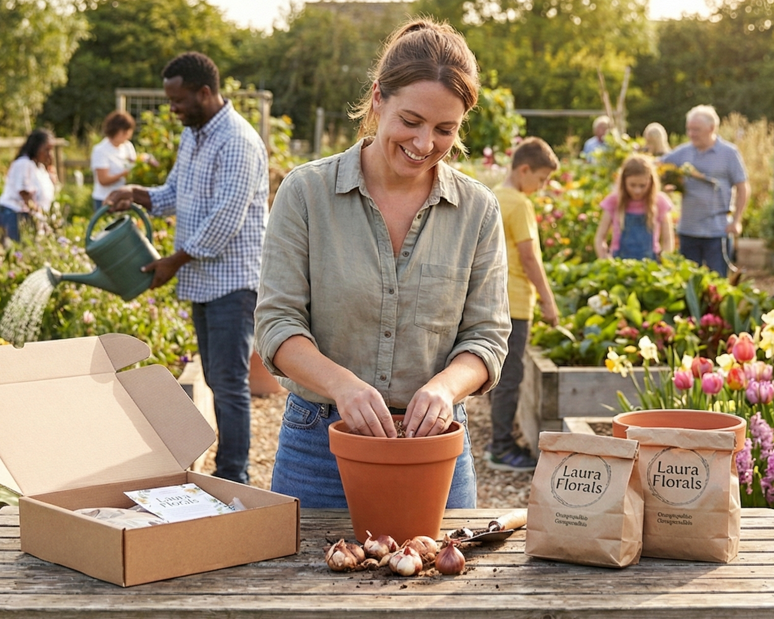 Woman at a community garden with Laura Florals gardening kit planting kit, how to plant lily bulbs in a pot