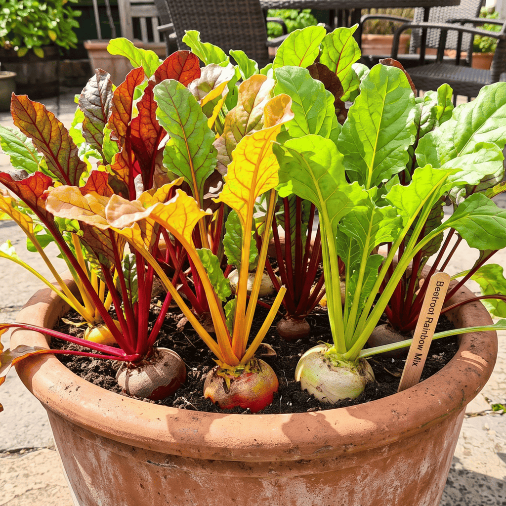 A terracotta planter filled with mixed coloured beetroots, photographed outdoors on a patio. The plant has vibrant green, yellow, and red leaves with visible beet roots and a wooden plant label.