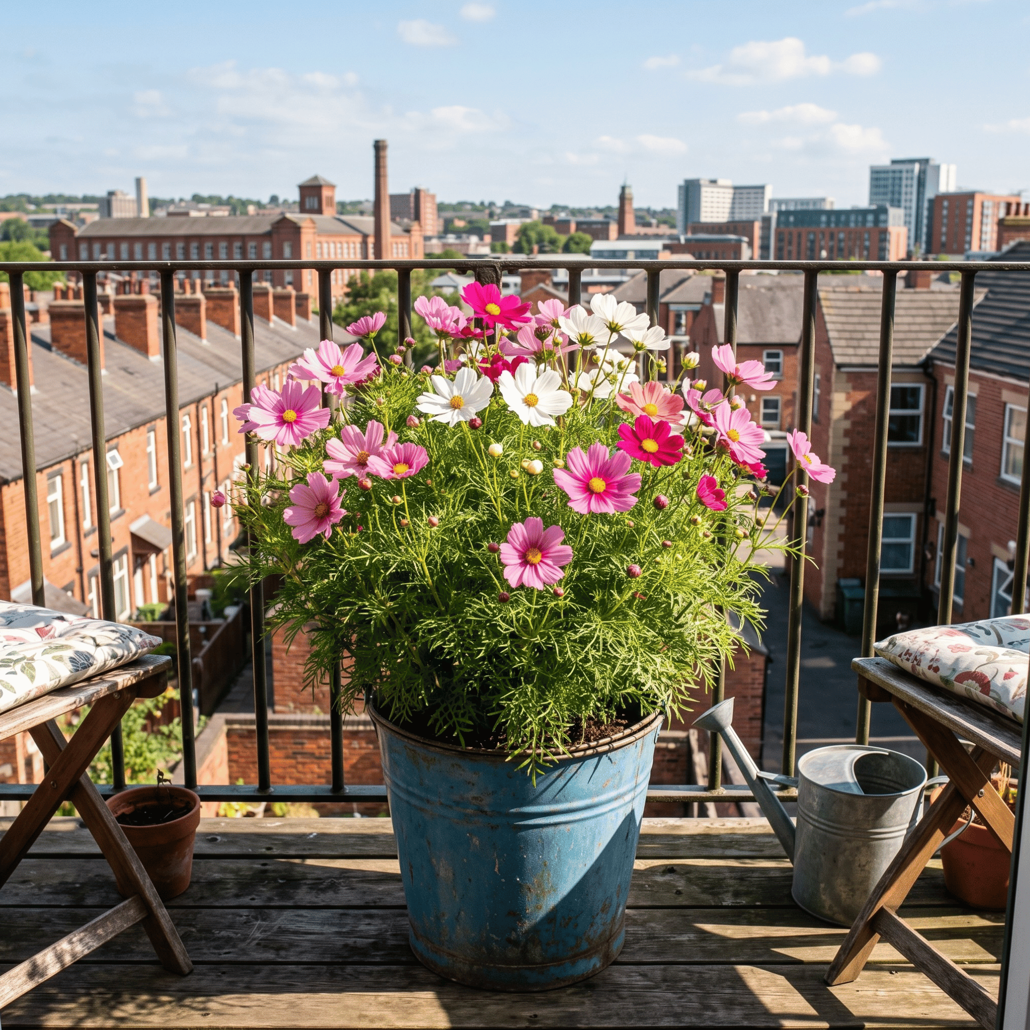 Cosmos bipinnatus dwarf mix plants with pink and white flowers growing on a balcony in a blue upcycled metal bucket container with an outdoor chair on either side of the planter.