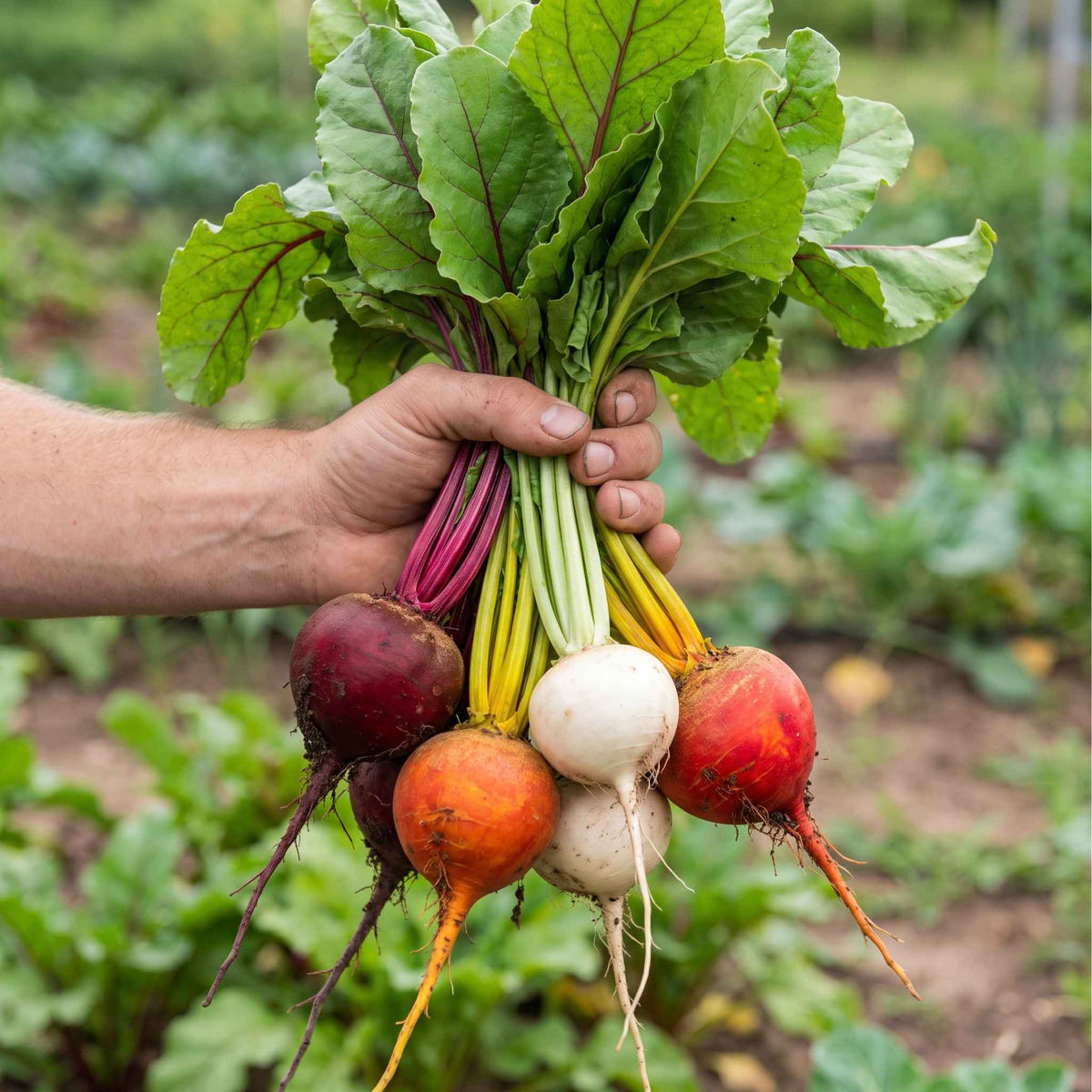 A man's hand holding a bundle of mixed freshly harvested beetroots including red, orange, white, and purple beets with green leafy tops in an outdoor garden setting. 