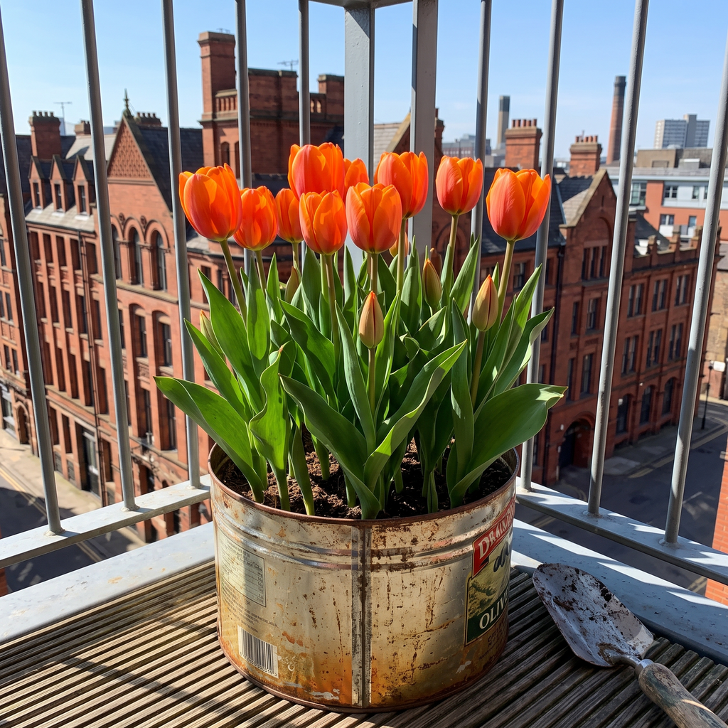 A potted cluster of orange tulips with green leaves sits on a balcony, with a vintage brick building and Manchester city street visible in the background. A small gardening trowel rests on the balcony floor nearby.
