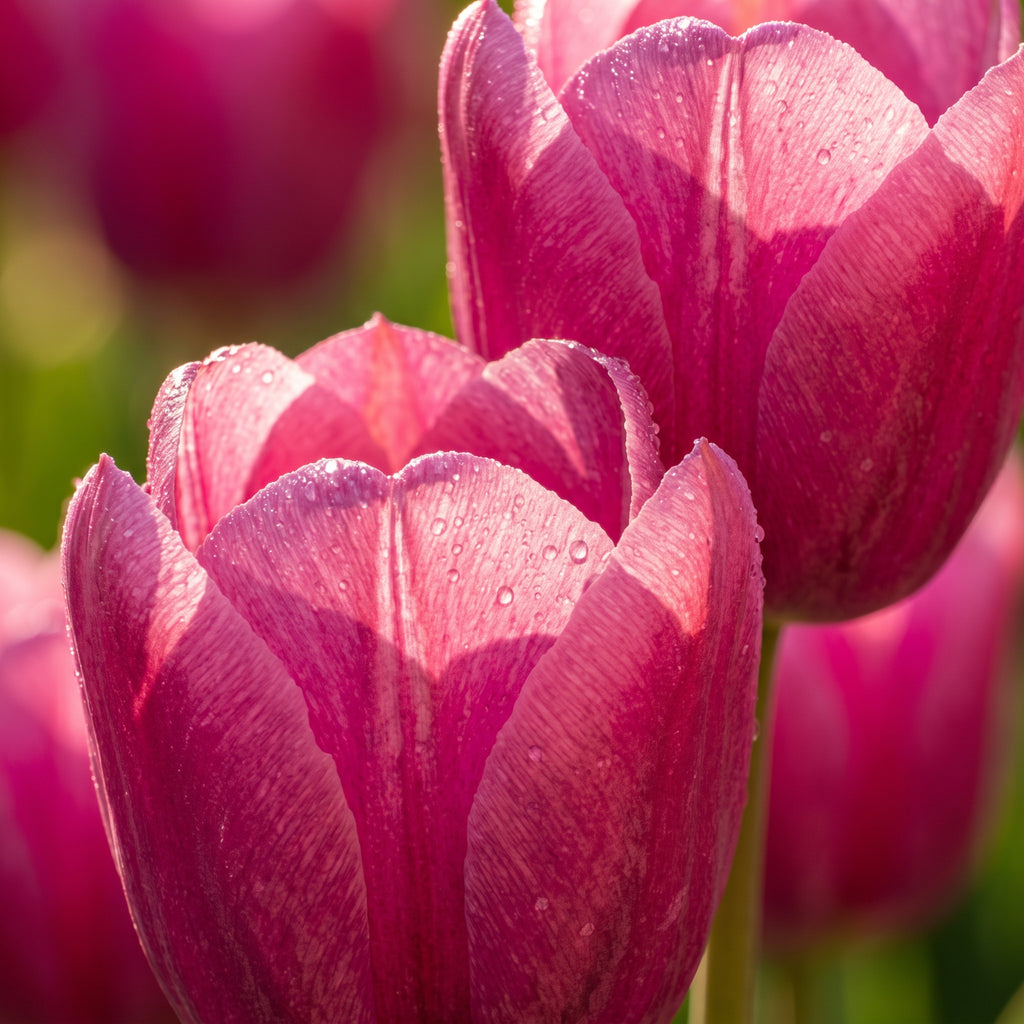 Close-up of pink tulip 'Jumbo pink' flowers with water droplets on their petals, photographed outdoors with a softly blurred green background. Laura Florals.
