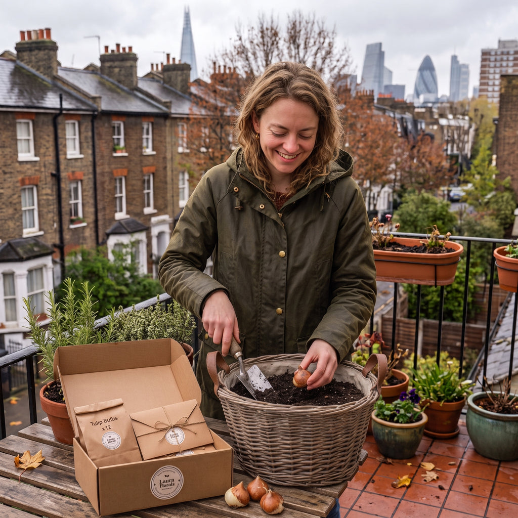 A woman gardening on a rooftop balcony in autumn, with a London, UK, skyline in the background, wearing an olive green hooded jacket. She is planting tulip bulbs in a wicker basket while an open Laura Florals planting kit box sits on the table beside her.