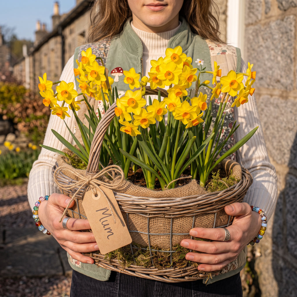 Scented Narcissus 'Martinette' daffodils flowering in a hessian-lined basket with a kraft 'Mum' gift tag, held on a Scottish street.