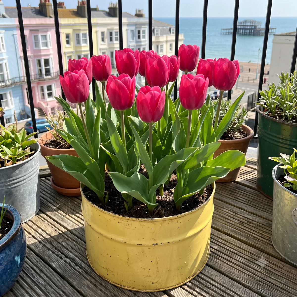 A vibrant cluster of pink 'Lady van Eijk' tulips in an up cycled yellow metal planter tin, placed on a wooden deck with a seaside view of Brighton Pier in the background.