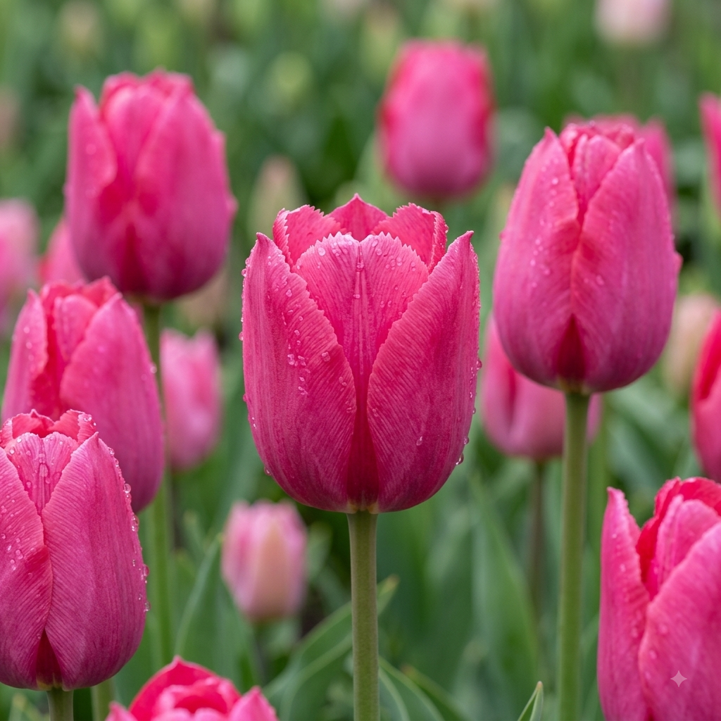 A close-up of a bright pink 'Lady van Eijk' tulips in full bloom, with water droplets on the petals, surrounded by other pink tulips and green foliage in a soft-focus garden setting.