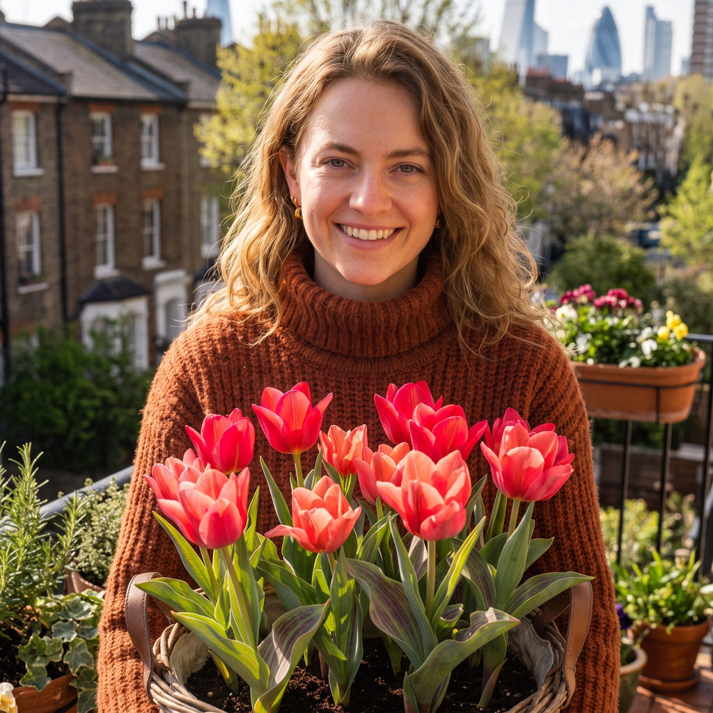 A smiling woman with blonde hair stands on a balcony wearing a rust-brown chunky knit turtleneck jumper and holding a basket of vibrant coral red 'Toronto' tulips. The background shows London city buildings and residential houses under a bright, sunny spring sky.