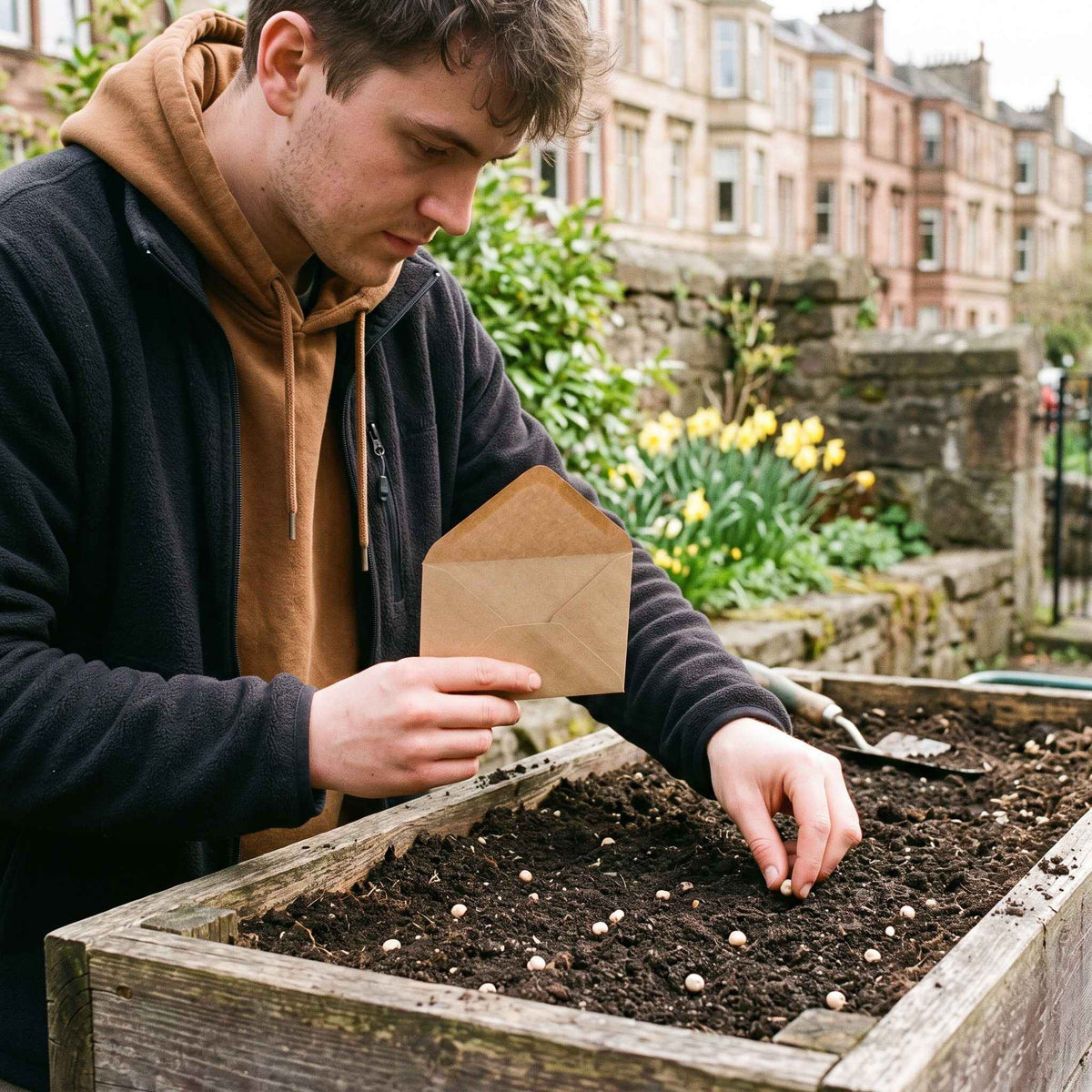 A man wearing a brown hoodie and black jacket plants pea seeds in a wooden raised garden bed, holding a small brown paper envelope of seeds. The background shows a stone wall, green plants, and yellow flowers with historic buildings in Scotland.