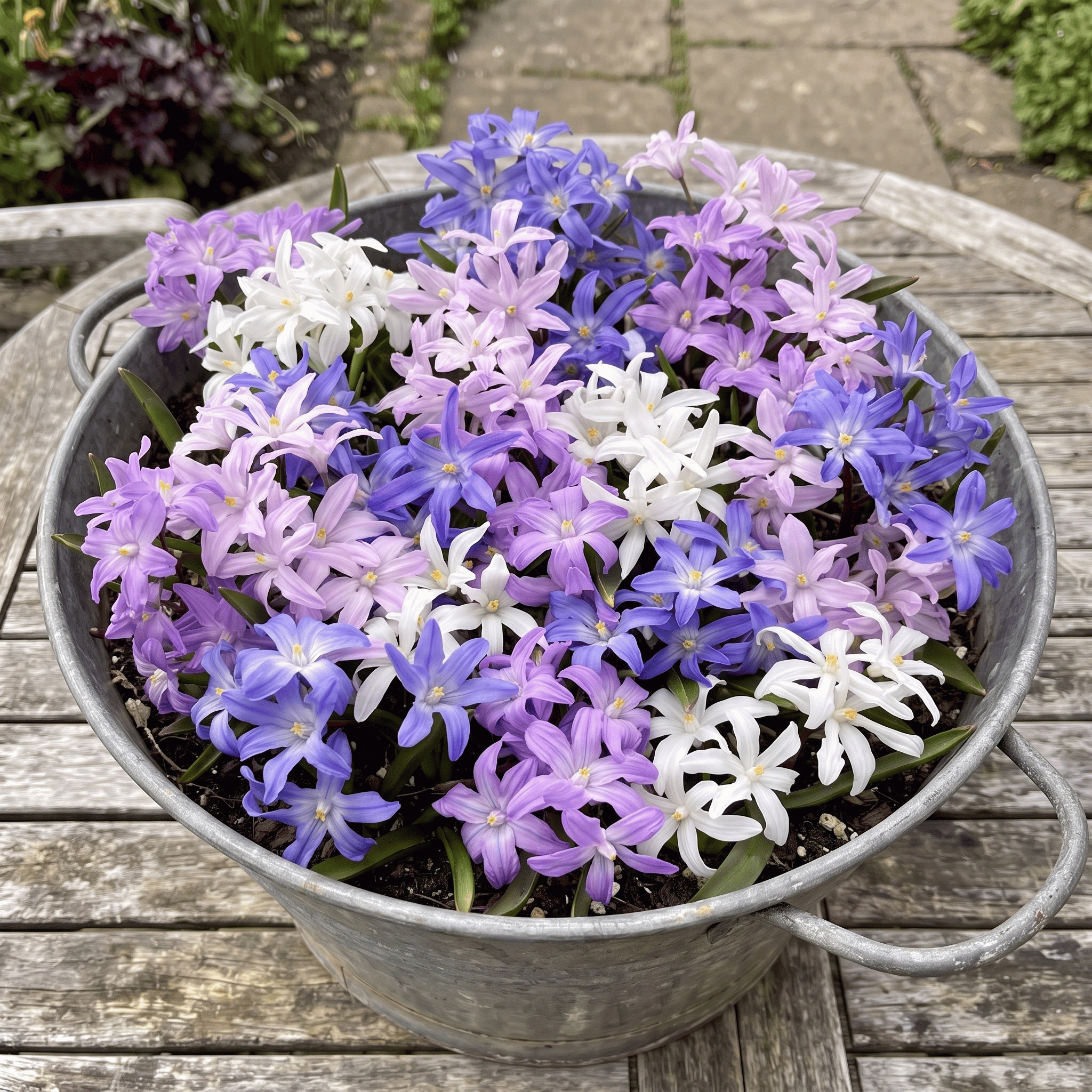 An up cycled metal bucket filled with early spring flowering chionodoxa flowers in shades of purple, pink, and white - plastic-free chionodoxa bulb grow kit from Laura Florals