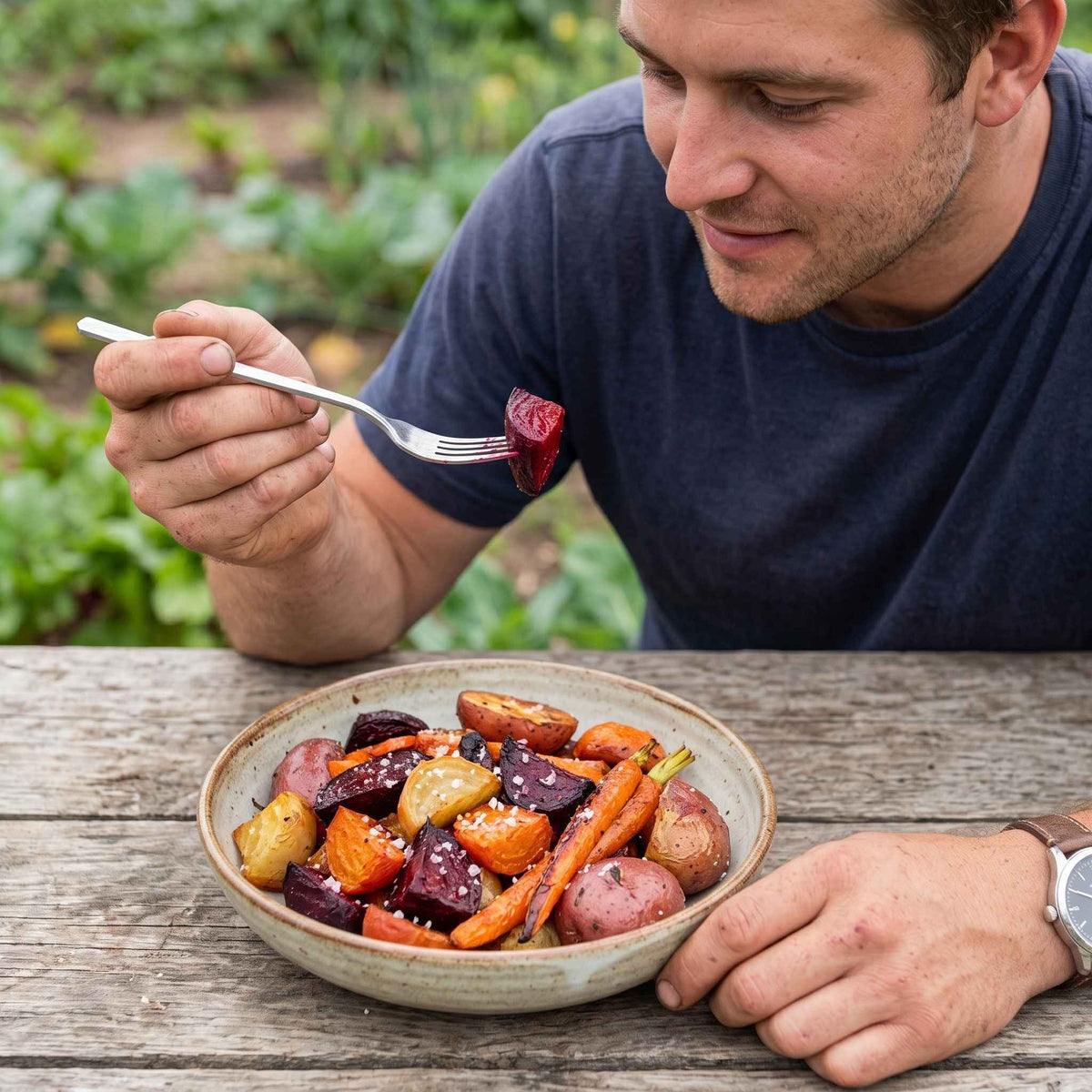 A man in a navy blue t-shirt sits at a rustic wooden table in a garden, holding a fork with a piece of roasted beetroot over a ceramic bowl of roasted beetroots, carrots, and potatoes. The beetroots are grown from a Laura Florals vegetable grow kit.