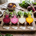 Four fresh beetroot varieties arranged on a wooden chopping board with handwritten tags reading Detroit Red Beet, Chioggia Beet, White Albino Beet, and Golden Beet. The beetroots are shown whole and halved to reveal their distinct flesh colours, with green tops and a bowl of roasted beet slices in the background. Grown from a Laura Florals seed planting kit.