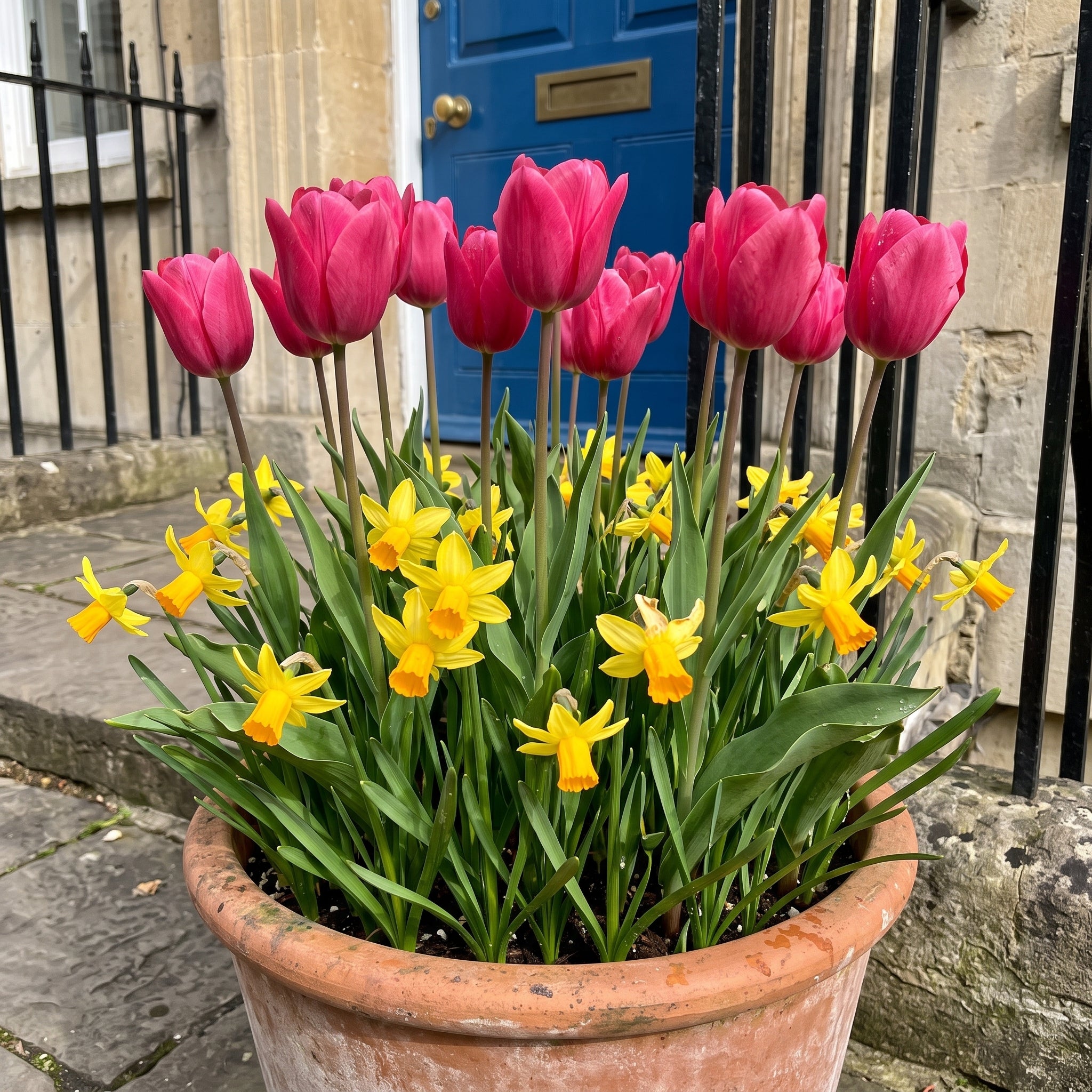 A terracotta planter filled with bright deep pink 'Lady van eijk' tulips and yellow Jetfire daffodils placed outdoors in front of a blue door and stone wall in Bristol, UK.