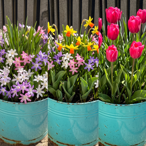 A turquoise metal planter filled with spring flowers, including pink tulips 'Lady van eijk', yellow daffodils 'Jetfire', and purple and white star-shaped blossoms of Chionodoxa, from early spring to late spring.