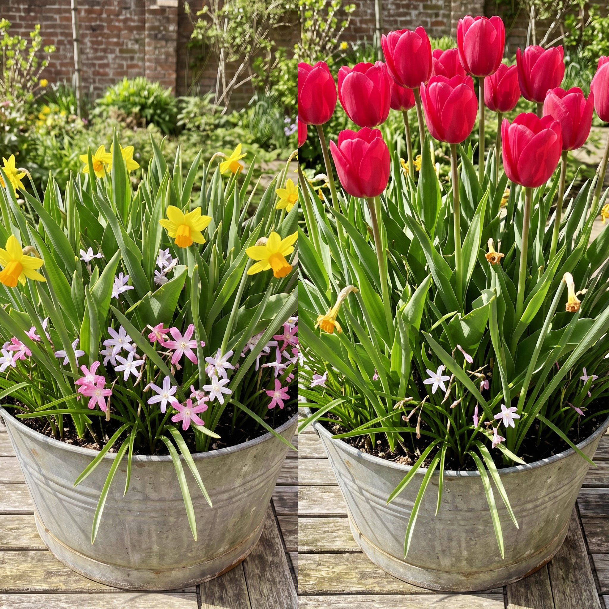 A side-by-side comparison of potted spring flower plants in a galvanised metal bucket on a wooden deck, with purple, pink and white Chionodoxa flowers, yellow daffodils 'Jetfire', pink 'Lady van eijk' tulips, in a bulb lasagne.
