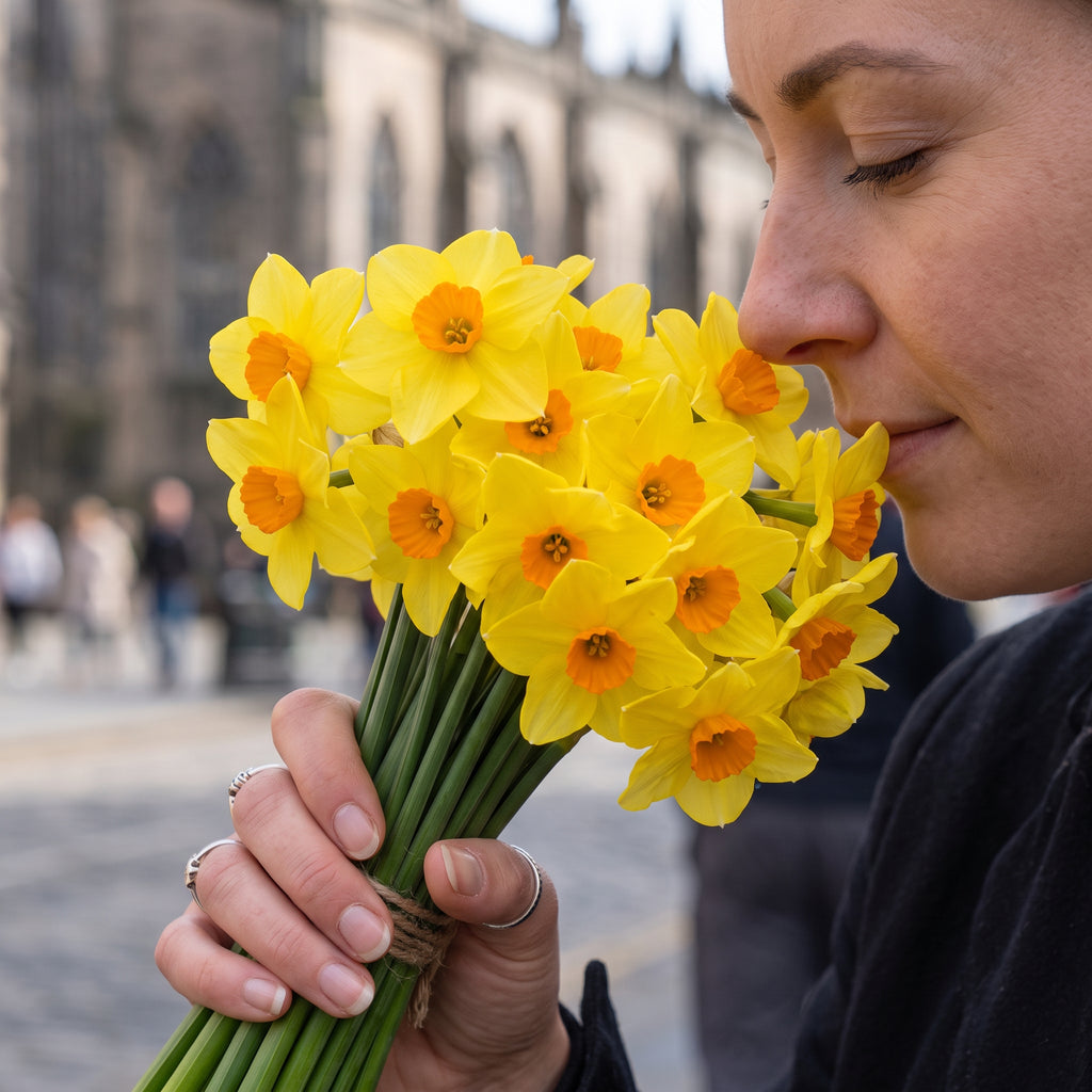 Woman smelling a hand-tied bunch of scented Narcissus 'Martinette' daffodils on an Edinburgh street.