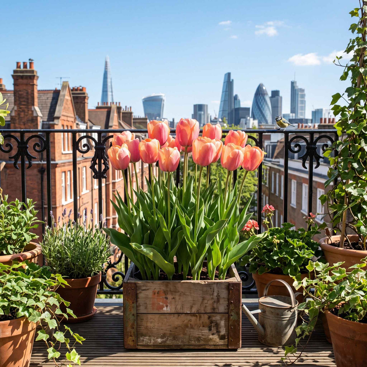A wooden planter box filled with apricot-pink tulips on a wooden terrace balcony, with a city skyline of London buildings in the background under a blue sky.