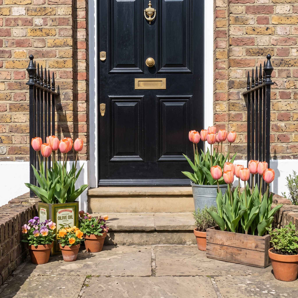 A city front door in a brick house with potted apricot tulips and small flowers arranged on both sides of the stone steps.