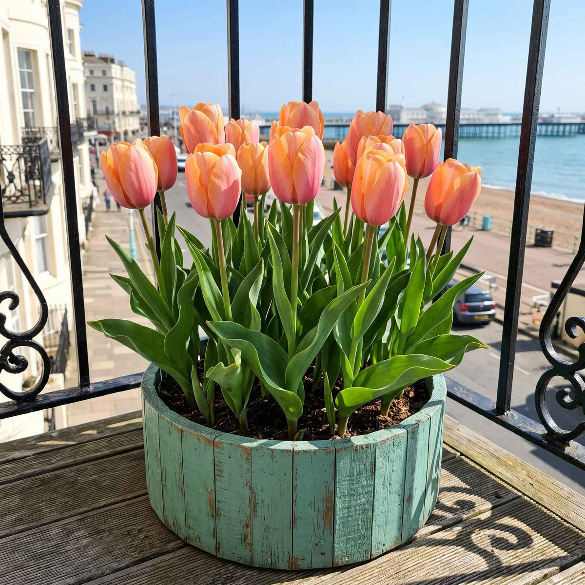 An upcycled turquoise planter box filled with apricot-peach-pink tulips and green leaves, placed on a wooden balcony overlooking a seaside town and pier in Brighton.