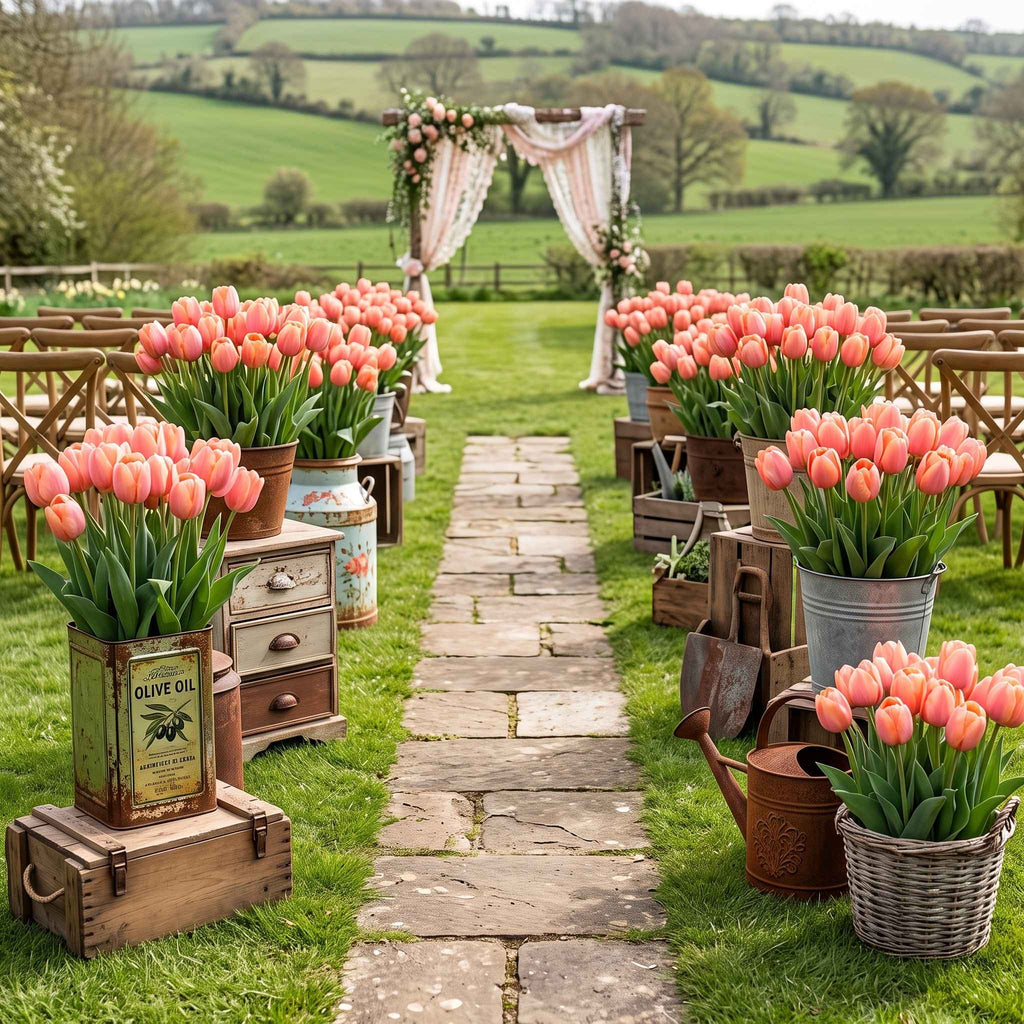 A styled outdoor wedding aisle setup with a stone path leading to a floral arch, flanked by rows of pink apricot impression tulip flowers growing in rustic containers on a green lawn, with rolling hills in the background.