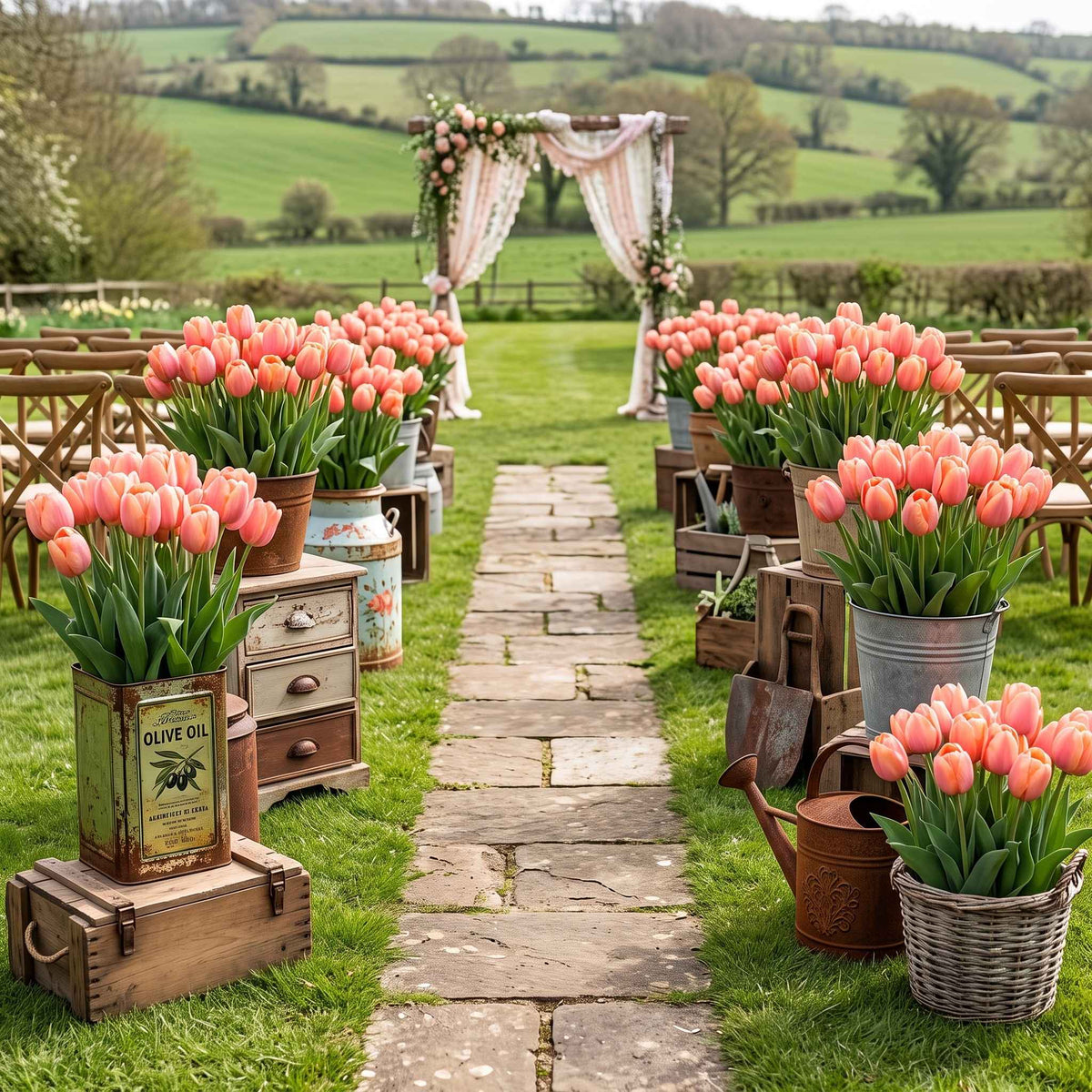 A styled outdoor wedding aisle setup with a stone path leading to a floral arch, flanked by rows of pink apricot impression tulip flowers growing in rustic containers on a green lawn, with rolling hills in the background.