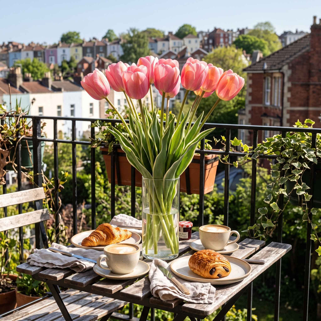 A clear glass vase filled with pink 'Design Impression' tulips sits on a wooden balcony table set with croissants, coffee cups, and folded napkins, with a Bristol city view in the background.