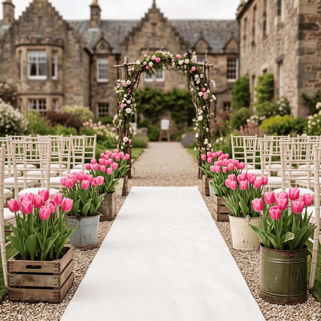 A outdoor spring wedding aisle setup in an Edinburgh stone courtyard with a white runner down the centre, pink tulips 'Jumbo pink' in rustic planters, white chairs on both sides, and a floral archway under a tree in the background.