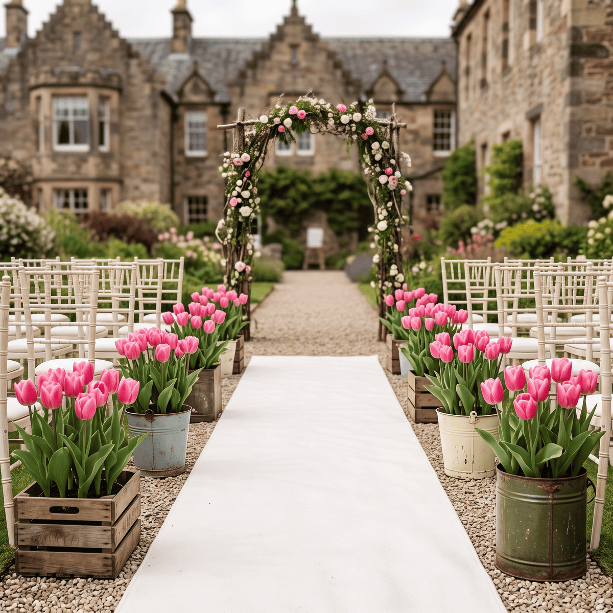 A outdoor spring wedding aisle setup in an Edinburgh stone courtyard with a white runner down the centre, pink tulips 'Jumbo pink' in rustic planters, white chairs on both sides, and a floral archway under a tree in the background.