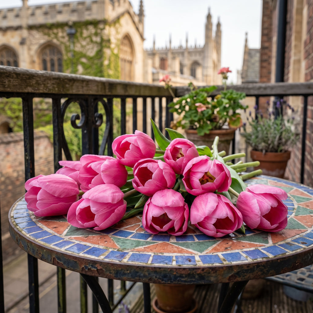 A bouquet of vibrant pink tulips 'Jumbo pink' with green stems arranged on a round mosaic table on a balcony, with a blurred historic stone Cambridge building in the background.