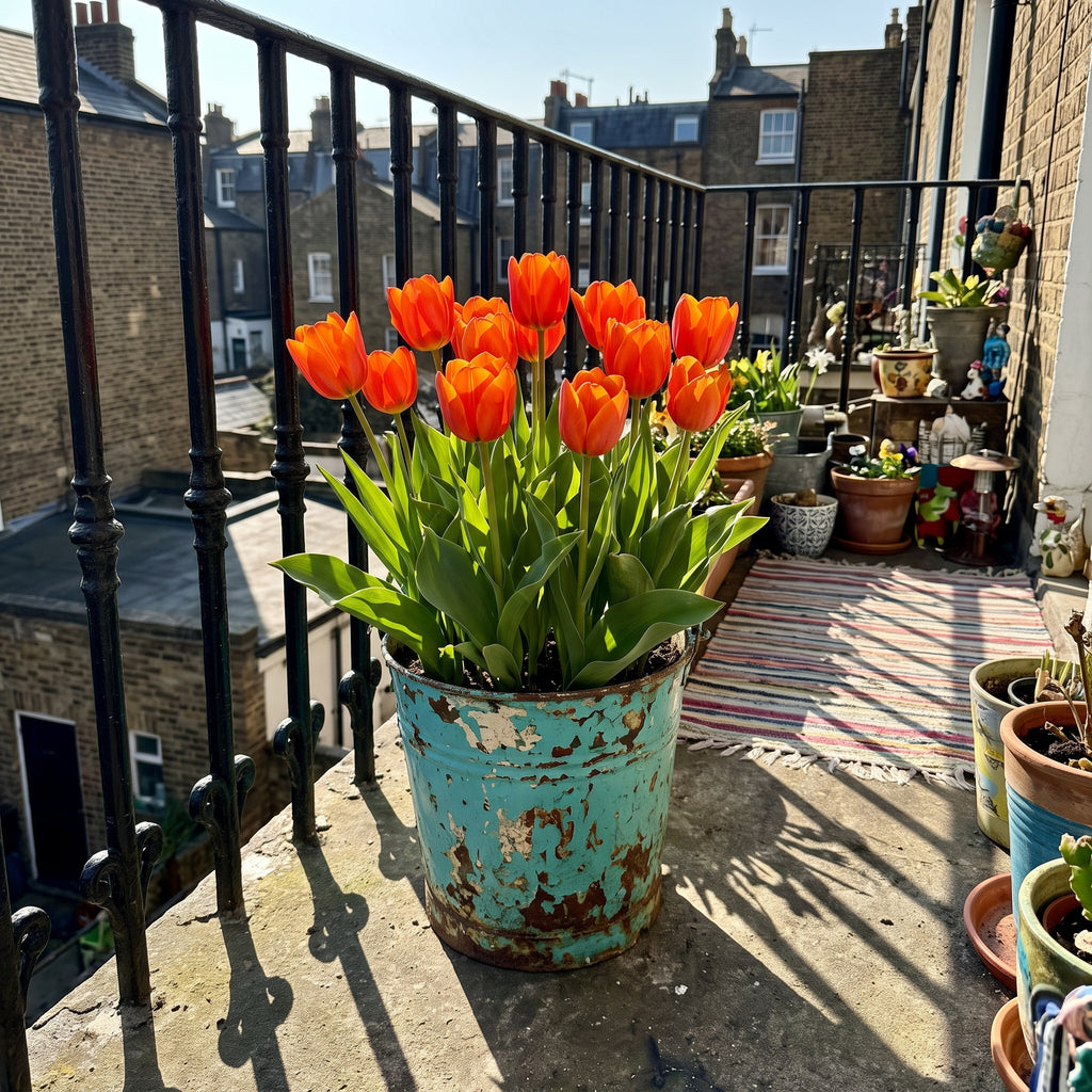 A large cluster of bright orange tulips in a distressed upcycled turquoise metal planter sits on a sunlit urban London balcony.