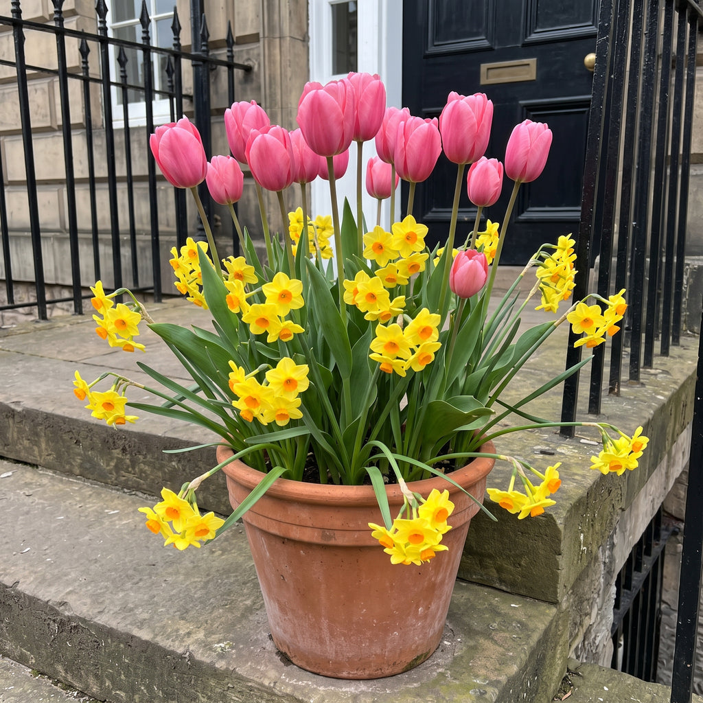 Tulip 'Pink Impression' and Narcissus 'Martinette' flowering in a terracotta pot on Georgian stone steps in Edinburgh.
