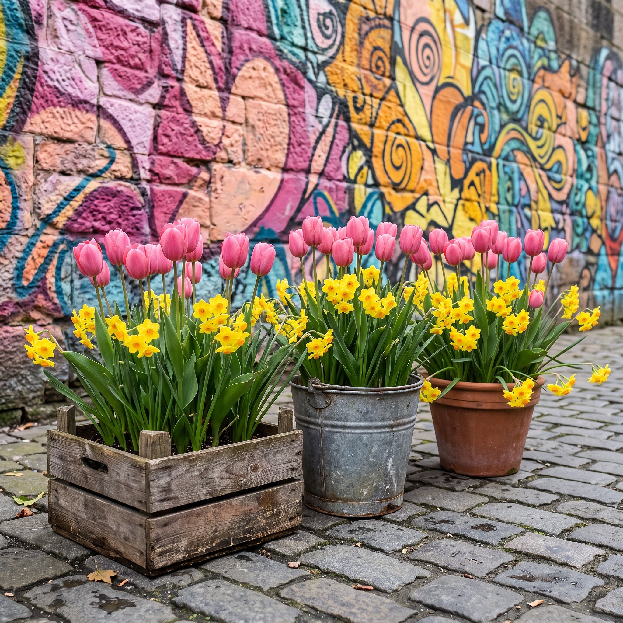 Tulip 'Pink Impression' and Narcissus 'Martinette' growing in a wooden crate, metal bucket and terracotta pot against a colourful Glasgow graffiti mural.
