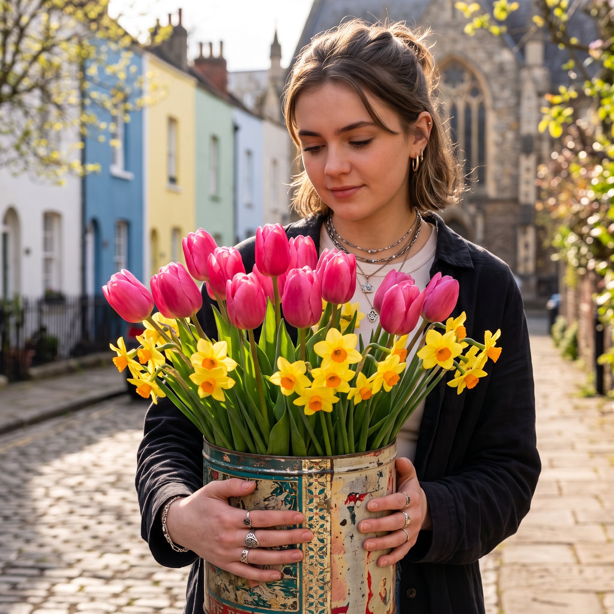 A young woman standing on a cobblestone street in Bristol, UK, holds an upcycled vintage metal tin container filled with pink tulips and scented yellow daffodils.