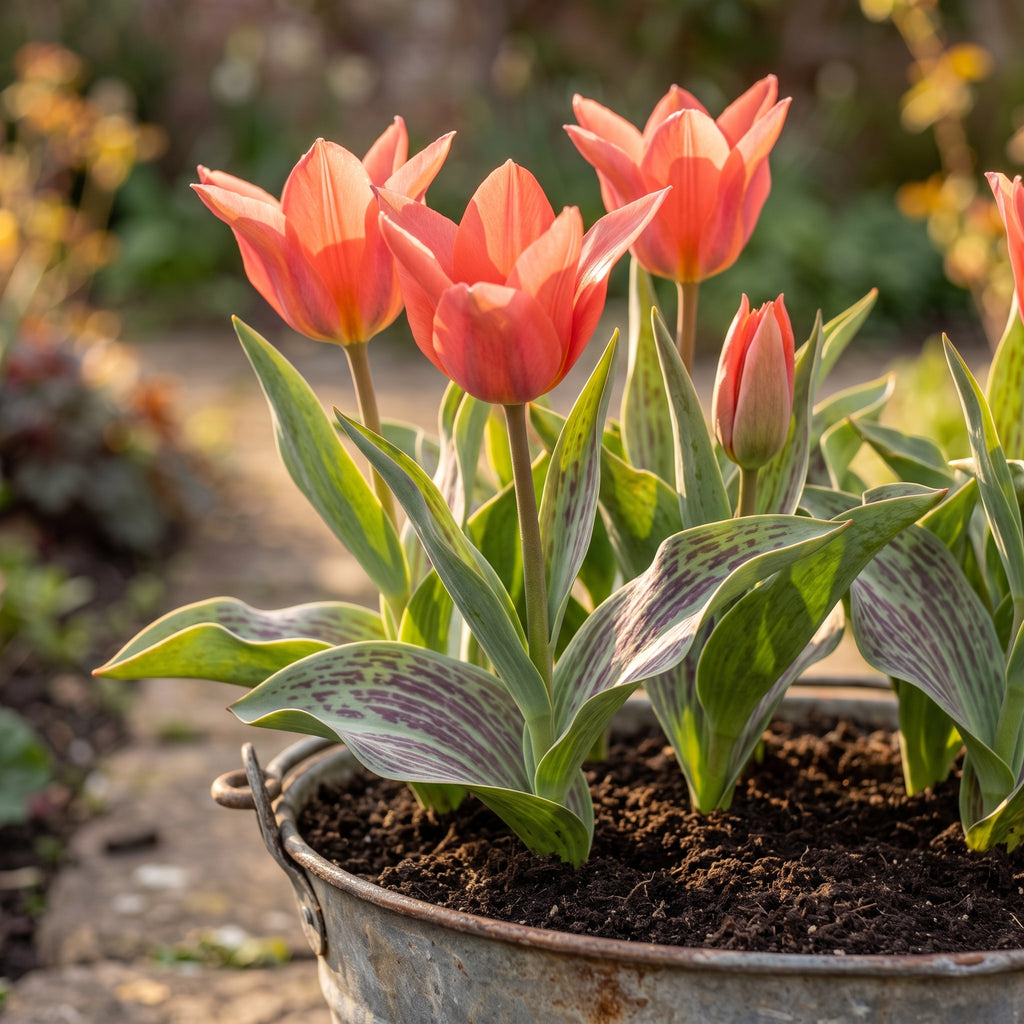 Vibrant coral-pink 'Toronto' tulips with variegated green and purple leaves growing in a rustic galvanised metal bucket planter, set against a softly blurred garden background in spring.