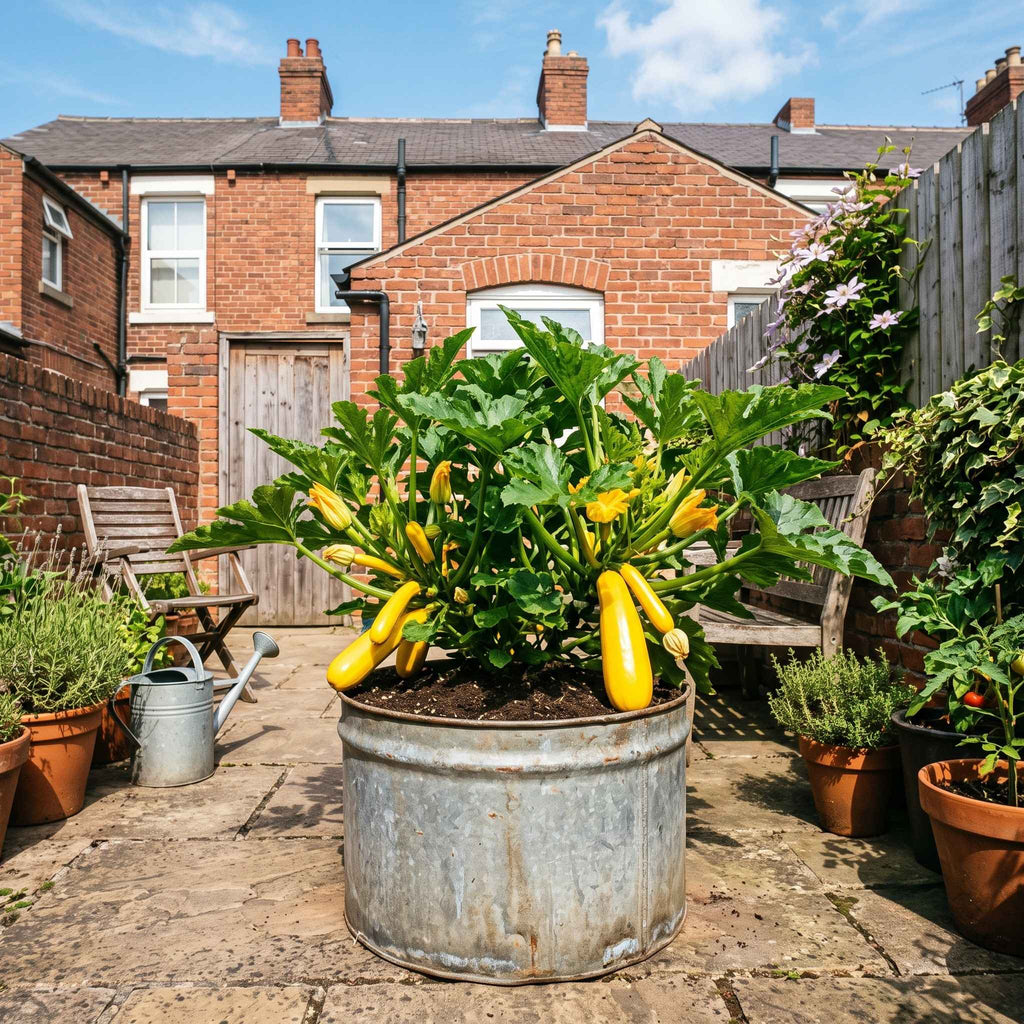 A large galvanised metal planter filled with leafy green courgette plants and several bright yellow courgette fruits, set in a paved backyard garden with brick houses and wooden fences in the background.