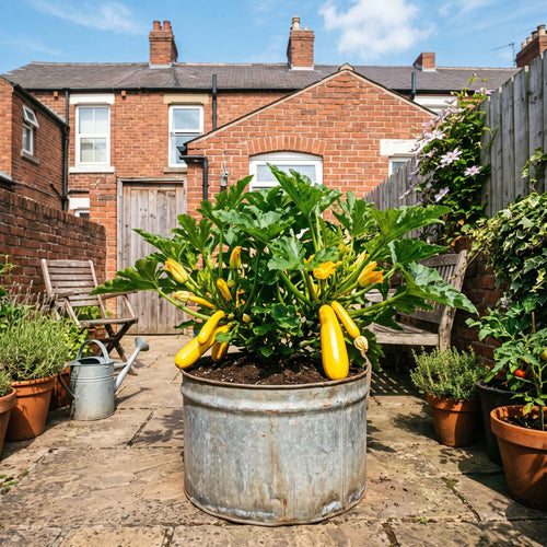 A large galvanised metal planter filled with leafy green courgette plants and several bright yellow courgette fruits, set in a paved backyard garden with brick houses and wooden fences in the background.