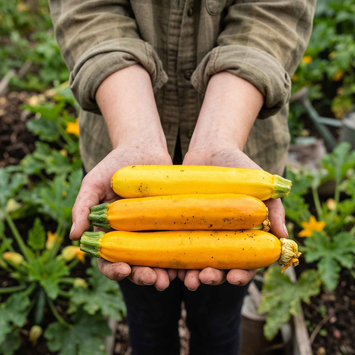 A young woman's hands holding three small yellow Courgette 'Atena Polka' fruits. She's standing in a raised-bed garden.