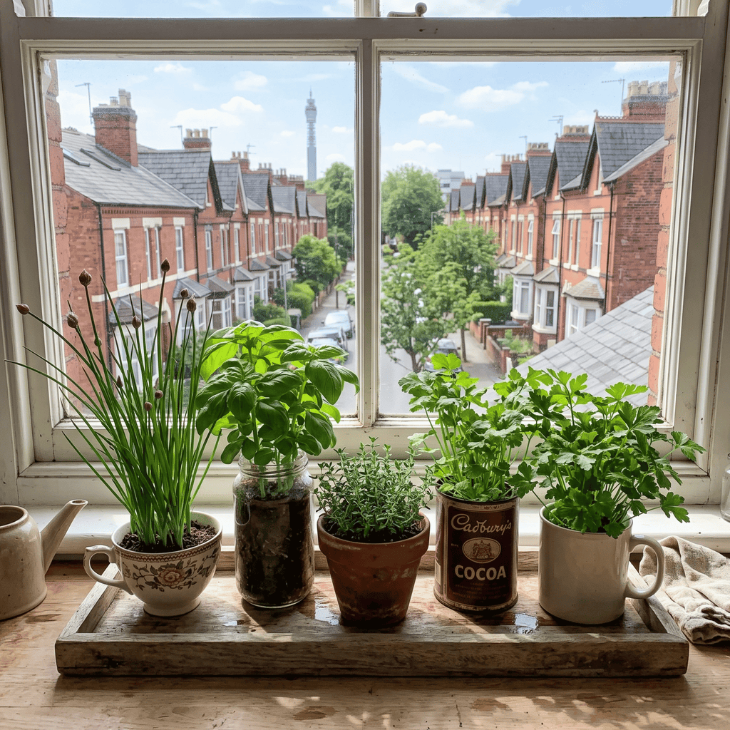 chives, basil, thyme, coriander and flat leaf parsley herbs growing in upcycled containers on kitchen windowsill